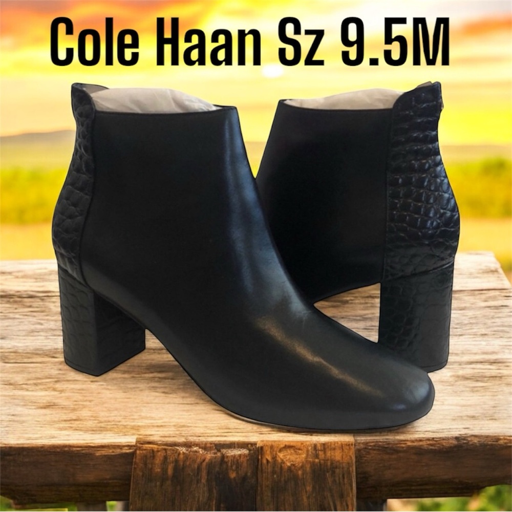 Cole Haan Black Leather Black Croc print Boots Size 9.5 NWOT